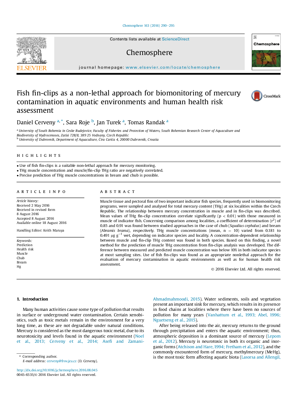 Fish fin-clips as a non-lethal approach for biomonitoring of mercury contamination in aquatic environments and human health risk assessment