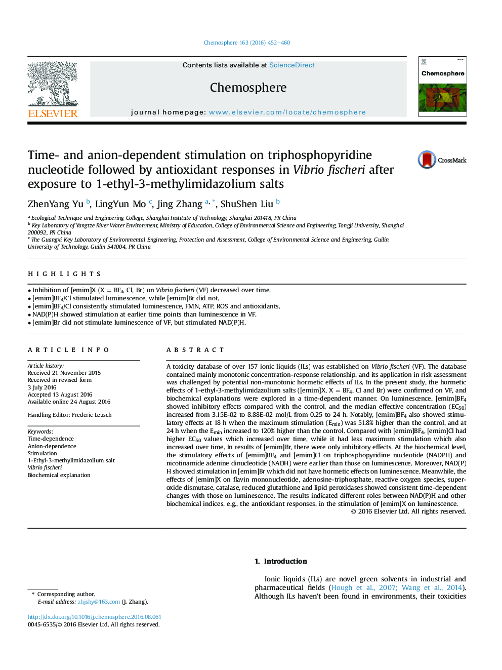 Time- and anion-dependent stimulation on triphosphopyridine nucleotide followed by antioxidant responses in Vibrio fischeri after exposure to 1-ethyl-3-methylimidazolium salts