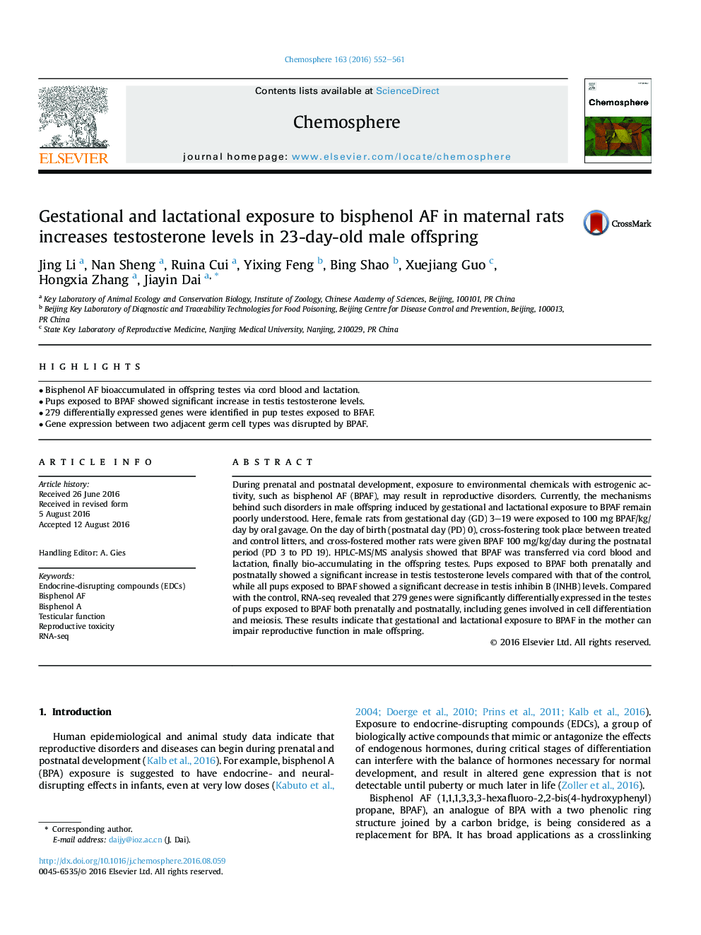 عکس صفحه اول مقاله: Gestational and lactational exposure to bisphenol AF in maternal rats increases testosterone levels in 23-day-old male offspring Gestational and lactational exposure to bisphenol AF in maternal rats increases testosterone levels in 23-day-old male offspring