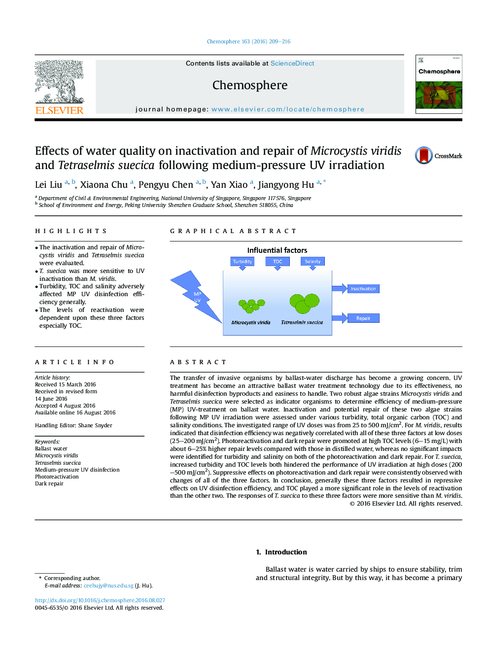 Effects of water quality on inactivation and repair of Microcystis viridis and Tetraselmis suecica following medium-pressure UV irradiation