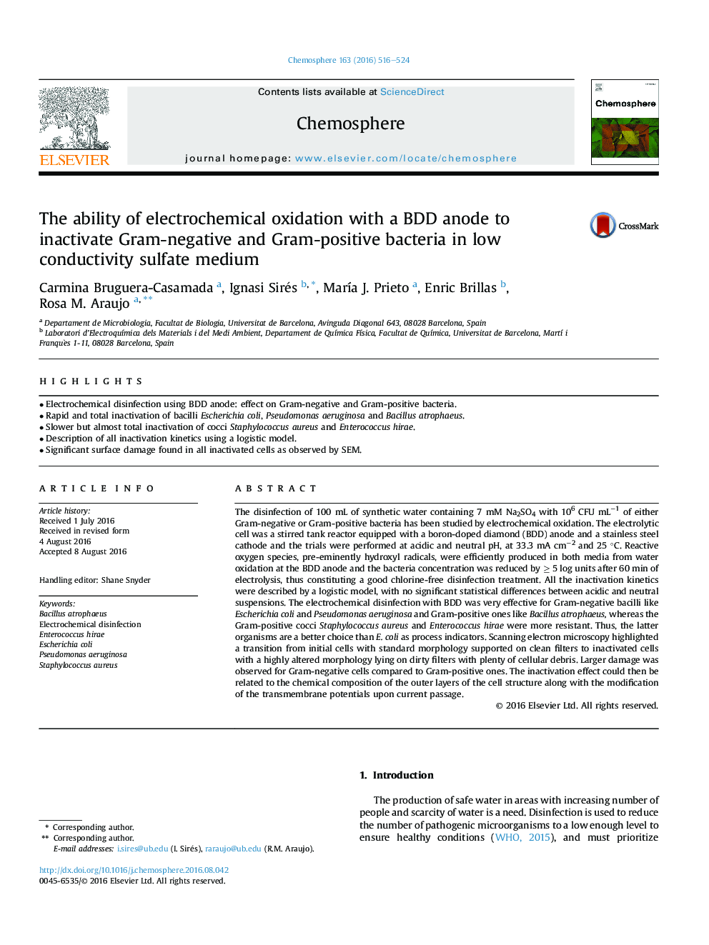 The ability of electrochemical oxidation with a BDD anode to inactivate Gram-negative and Gram-positive bacteria in low conductivity sulfate medium