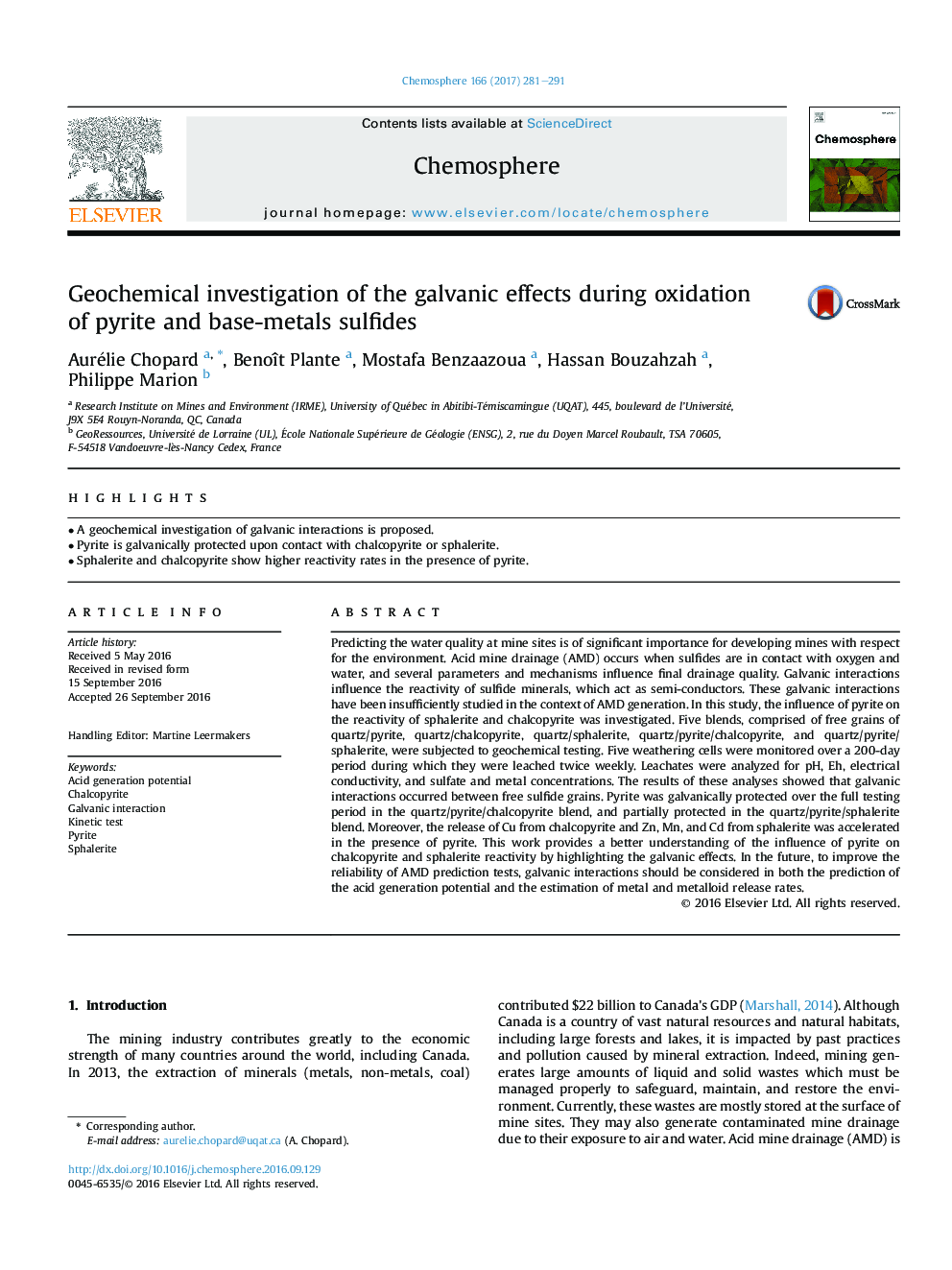 Geochemical investigation of the galvanic effects during oxidation of pyrite and base-metals sulfides