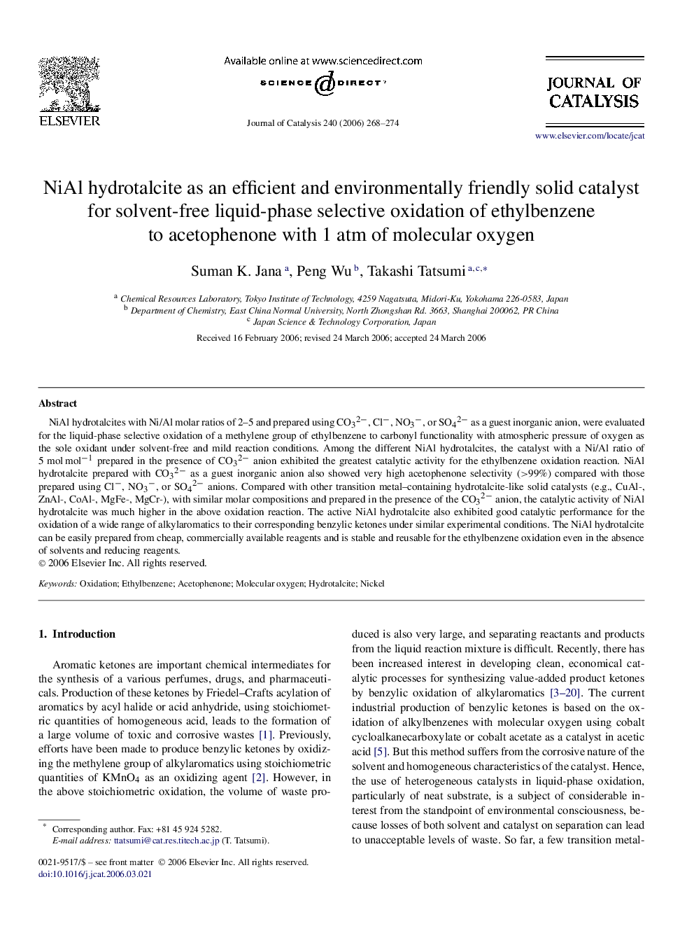 NiAl hydrotalcite as an efficient and environmentally friendly solid catalyst for solvent-free liquid-phase selective oxidation of ethylbenzene to acetophenone with 1 atm of molecular oxygen