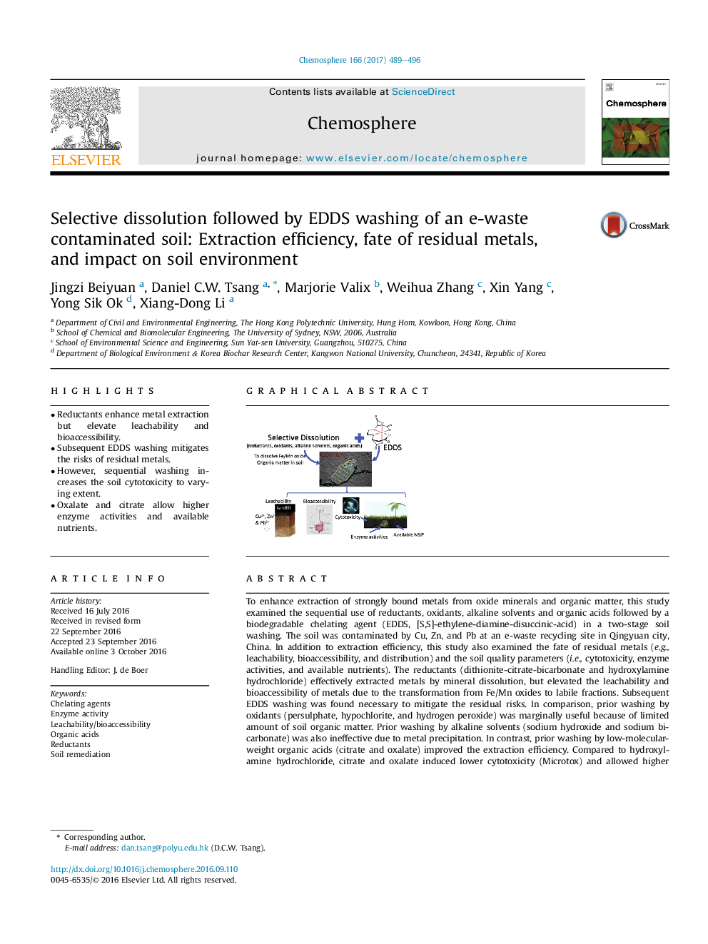 Selective dissolution followed by EDDS washing of an e-waste contaminated soil: Extraction efficiency, fate of residual metals, and impact on soil environment