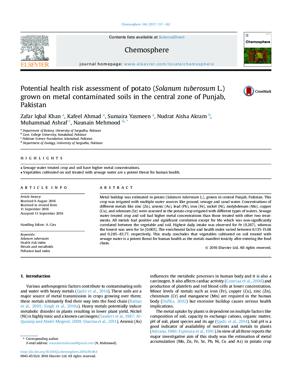 Potential health risk assessment of potato (Solanum tuberosum L.) grown on metal contaminated soils in the central zone of Punjab, Pakistan