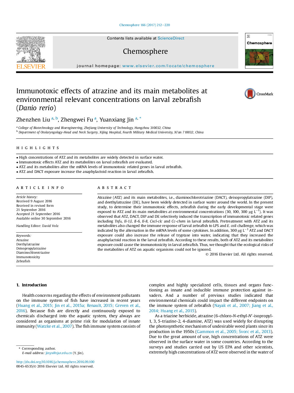 Immunotoxic effects of atrazine and its main metabolites at environmental relevant concentrations on larval zebrafish (Danio rerio)