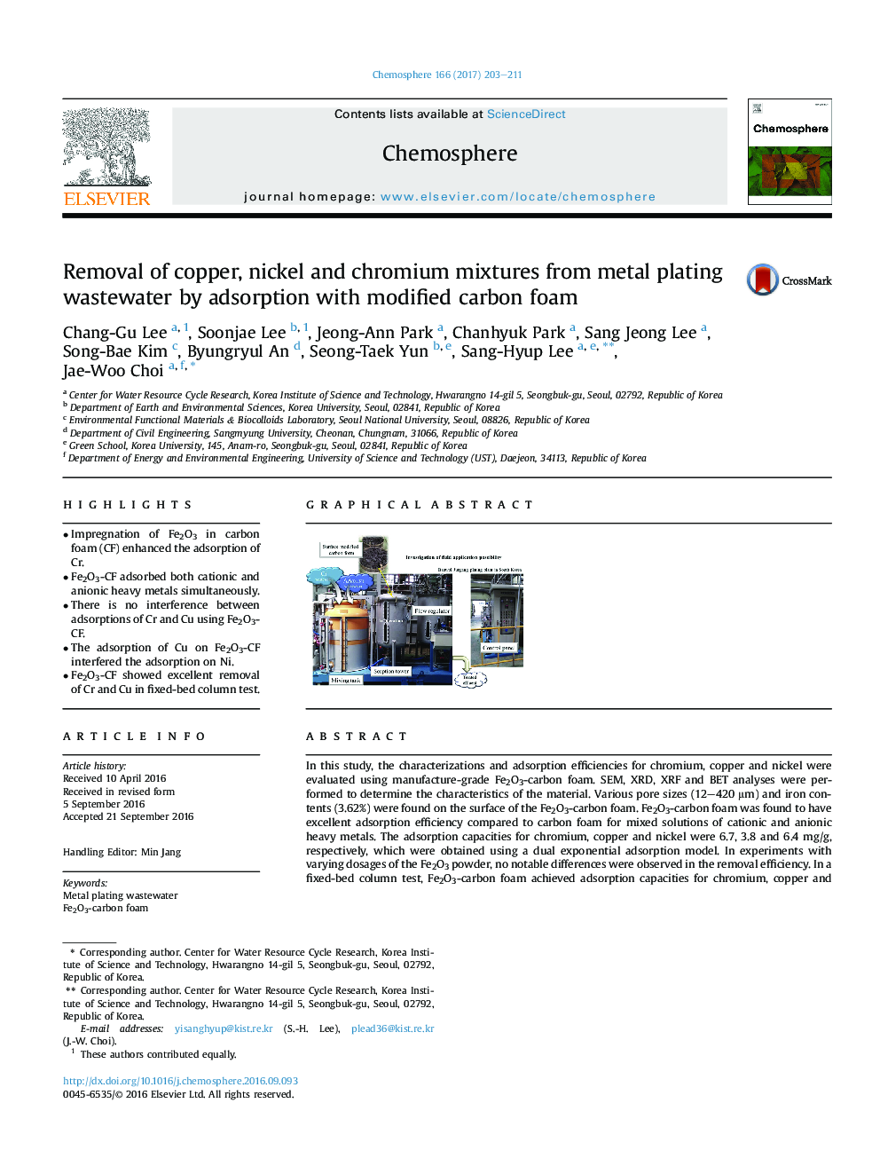 Removal of copper, nickel and chromium mixtures from metal plating wastewater by adsorption with modified carbon foam