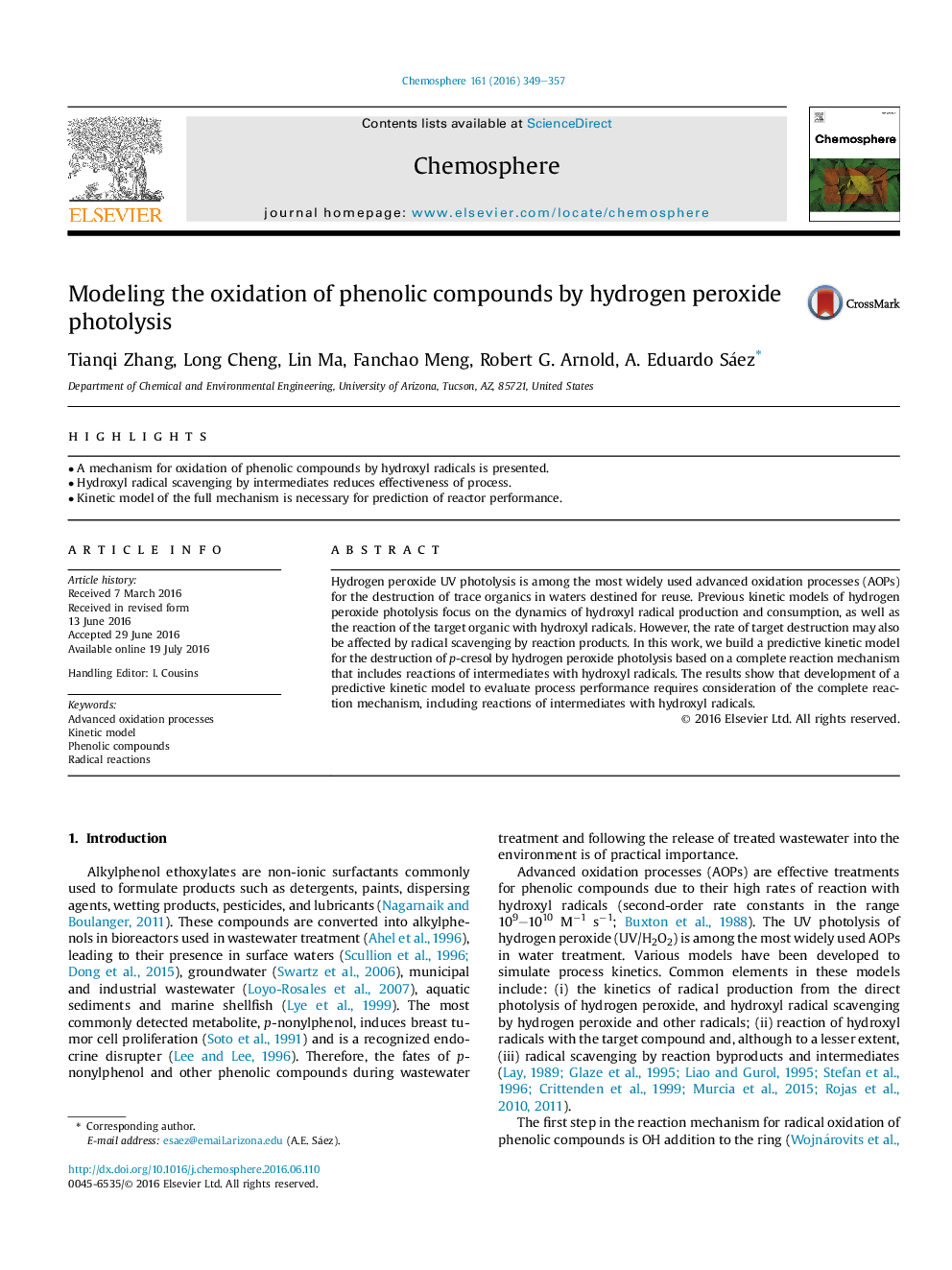 Modeling the oxidation of phenolic compounds by hydrogen peroxide photolysis