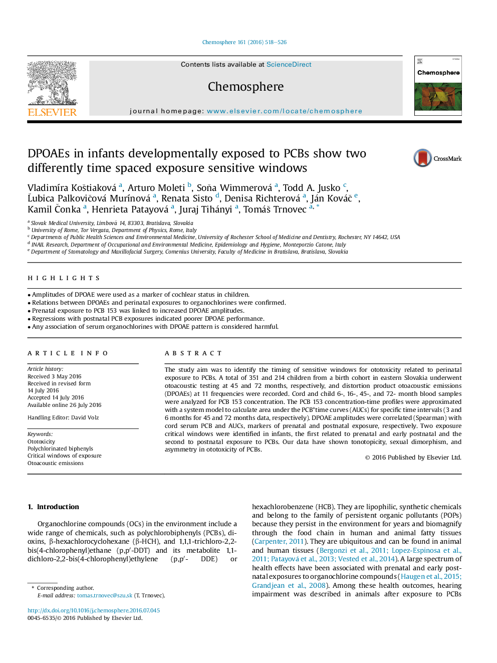 DPOAEs in infants developmentally exposed to PCBs show two differently time spaced exposure sensitive windows