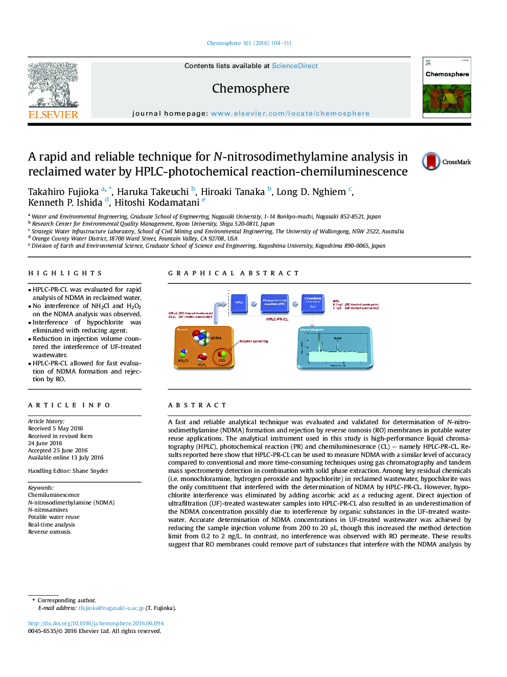 A rapid and reliable technique for N-nitrosodimethylamine analysis in reclaimed water by HPLC-photochemical reaction-chemiluminescence