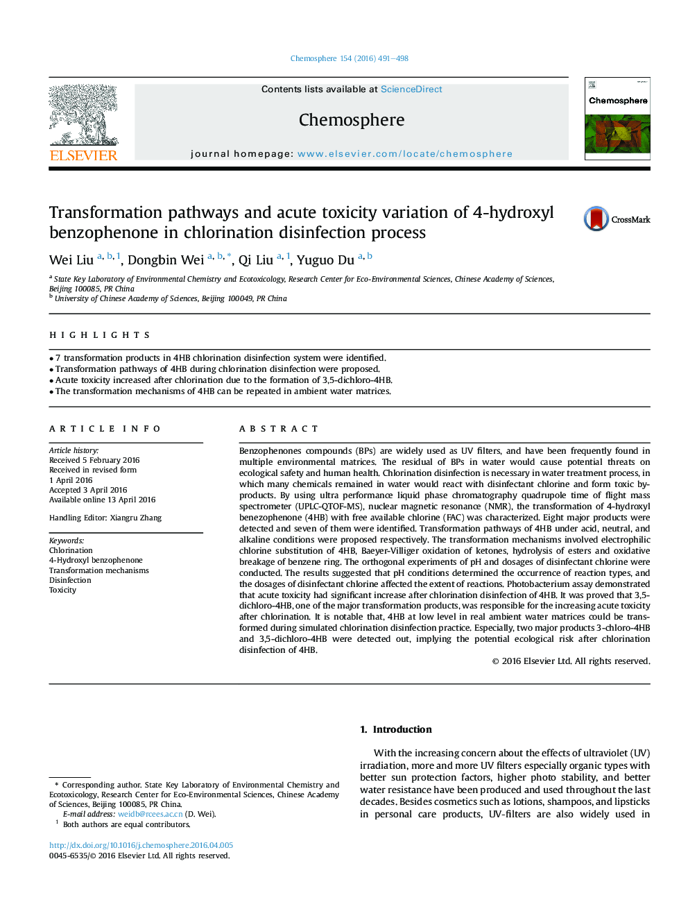 Transformation pathways and acute toxicity variation of 4-hydroxyl benzophenone in chlorination disinfection process
