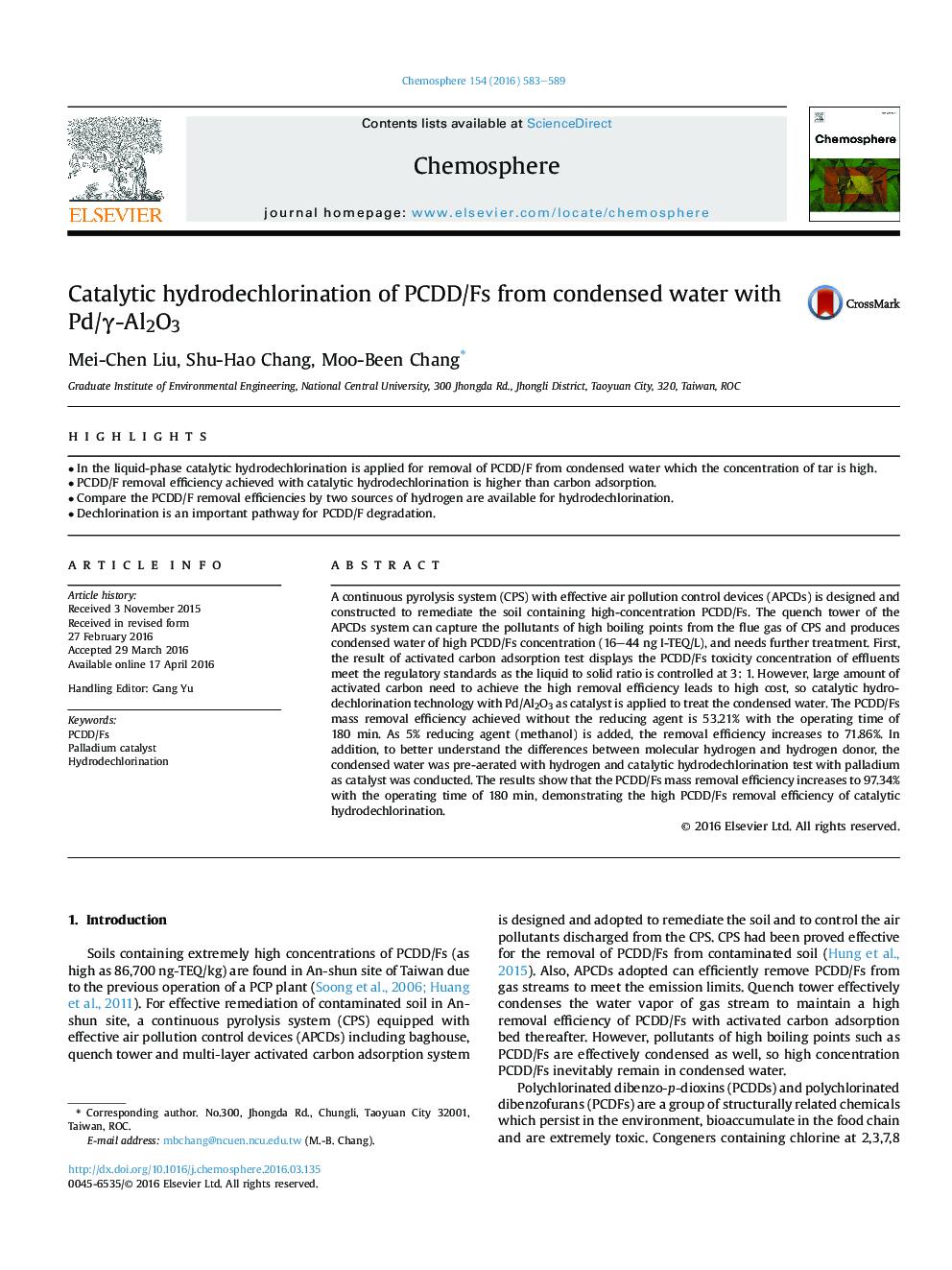 Catalytic hydrodechlorination of PCDD/Fs from condensed water with Pd/Î³-Al2O3