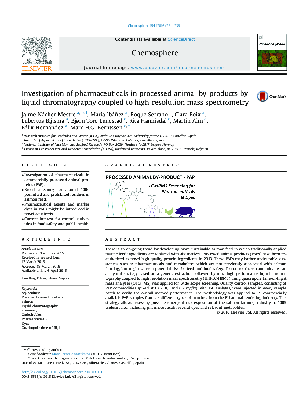 Investigation of pharmaceuticals in processed animal by-products by liquid chromatography coupled to high-resolution mass spectrometry