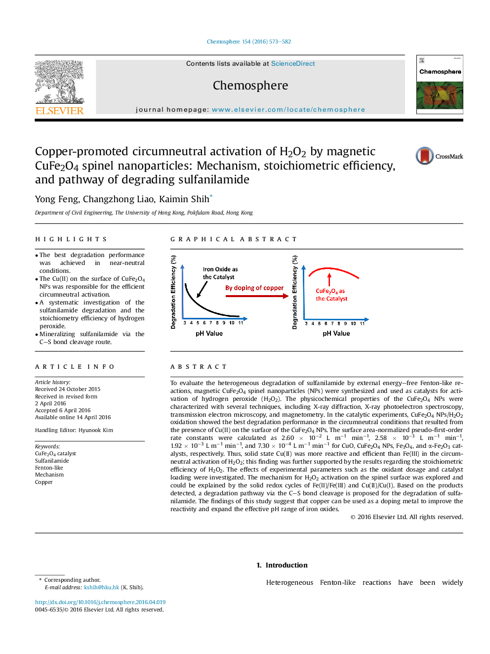 Copper-promoted circumneutral activation of H2O2 by magnetic CuFe2O4 spinel nanoparticles: Mechanism, stoichiometric efficiency, and pathway of degrading sulfanilamide