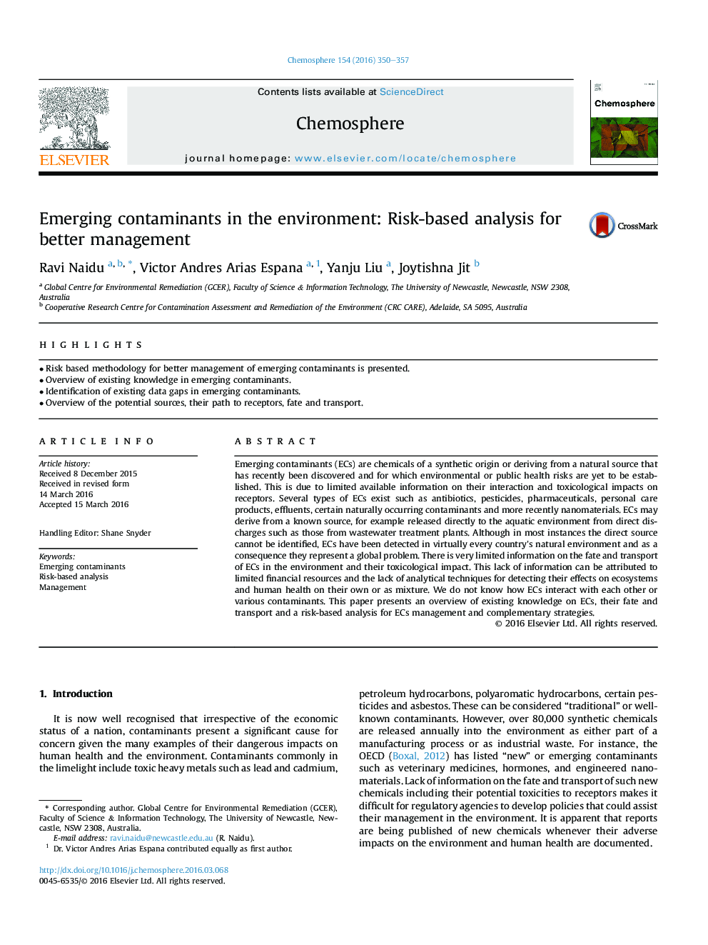 Emerging contaminants in the environment: Risk-based analysis for better management