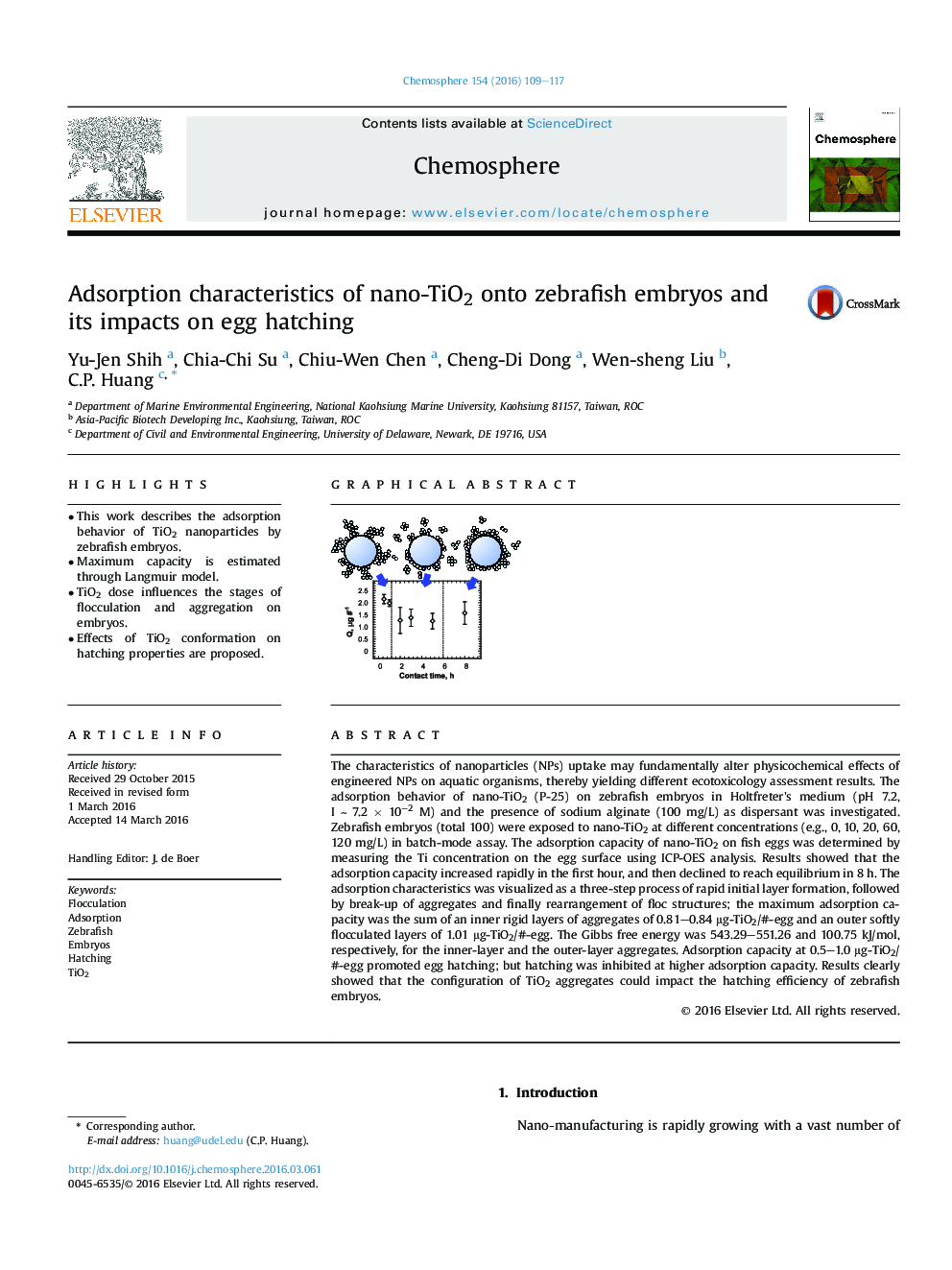 Adsorption characteristics of nano-TiO2 onto zebrafish embryos and its impacts on egg hatching