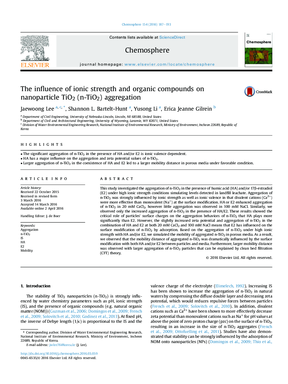 The influence of ionic strength and organic compounds on nanoparticle TiO2 (n-TiO2) aggregation