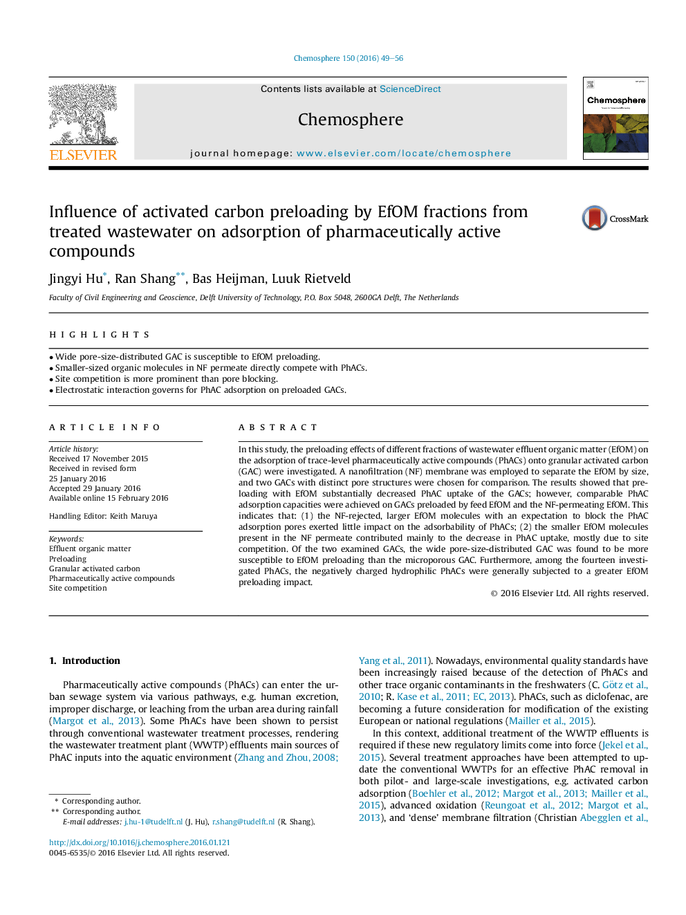 Influence of activated carbon preloading by EfOM fractions from treated wastewater on adsorption of pharmaceutically active compounds