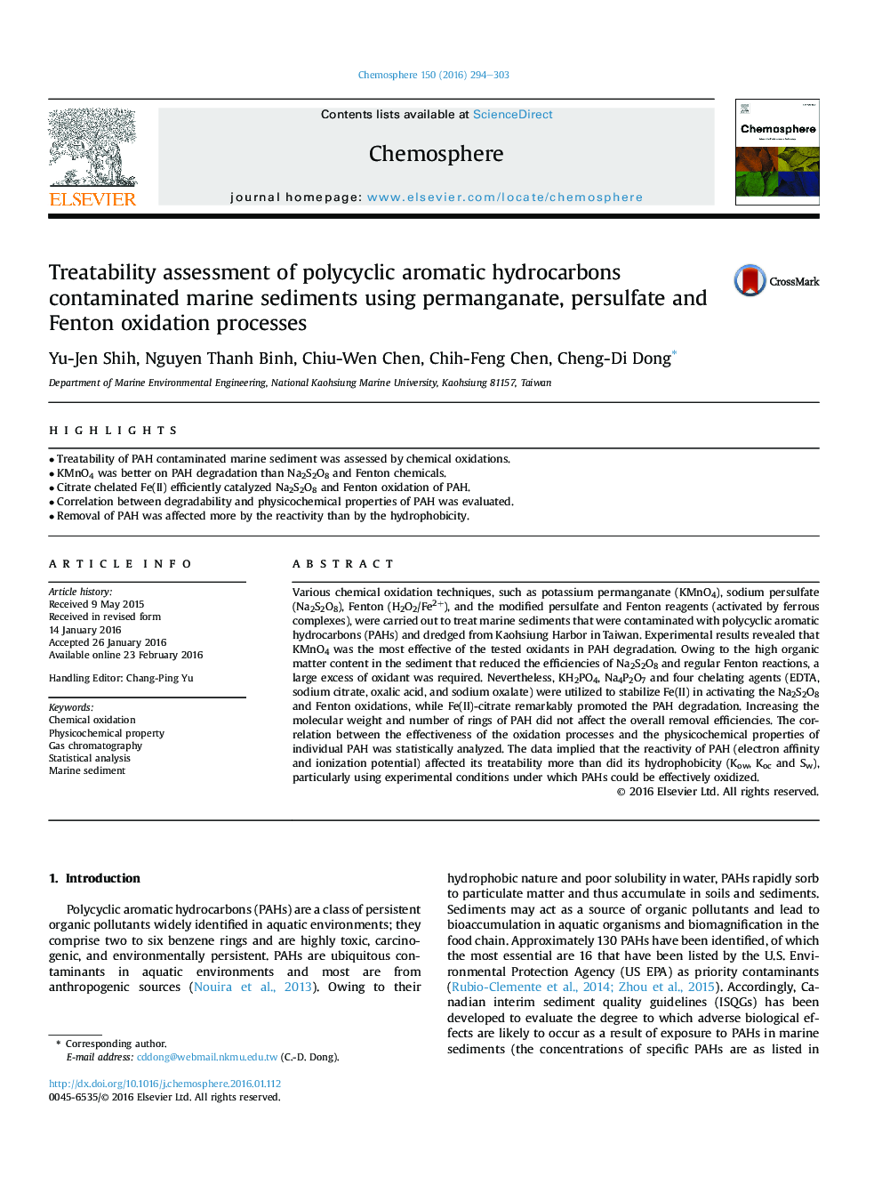 Treatability assessment of polycyclic aromatic hydrocarbons contaminated marine sediments using permanganate, persulfate and Fenton oxidation processes