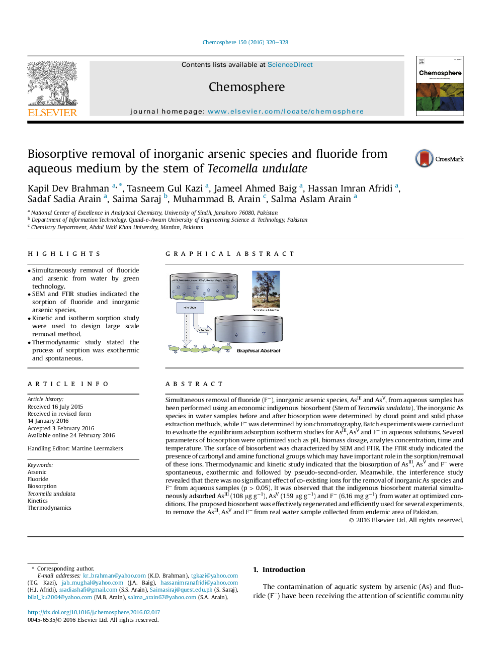 Biosorptive removal of inorganic arsenic species and fluoride from aqueous medium by the stem of Tecomella undulate