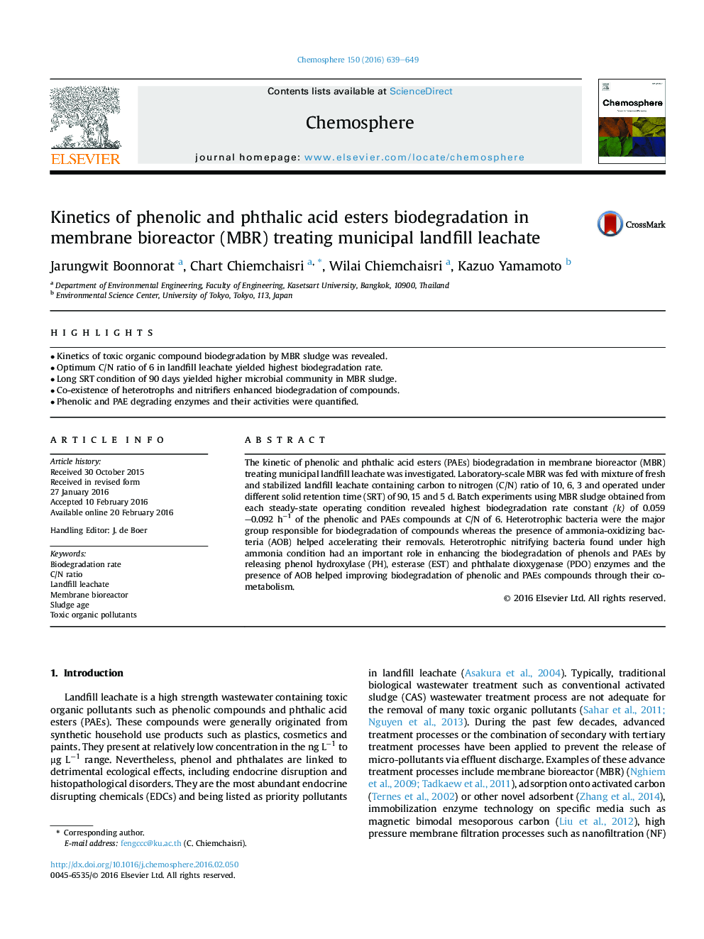 Kinetics of phenolic and phthalic acid esters biodegradation in membrane bioreactor (MBR) treating municipal landfill leachate