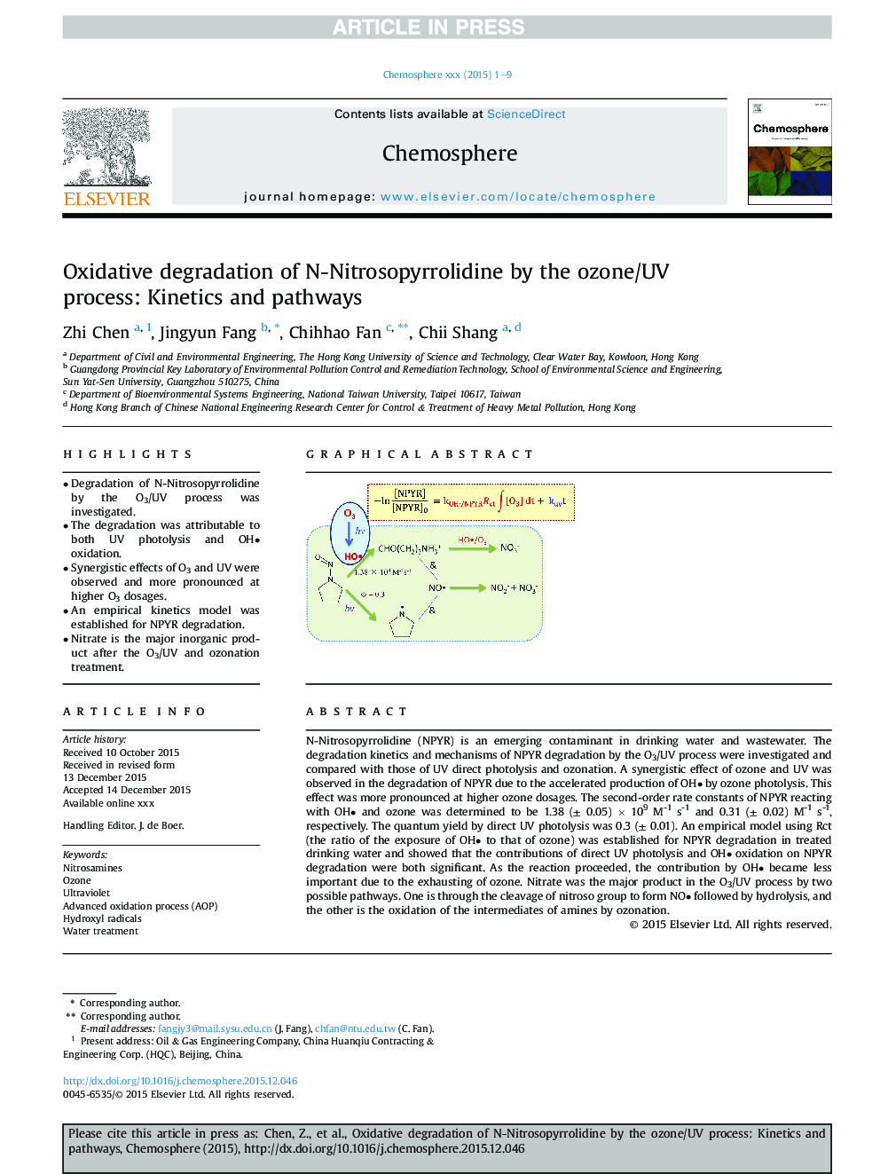 عکس صفحه اول مقاله: Oxidative degradation of N-Nitrosopyrrolidine by the ozone/UV process: Kinetics and pathways Oxidative degradation of N-Nitrosopyrrolidine by the ozone/UV process: Kinetics and pathways