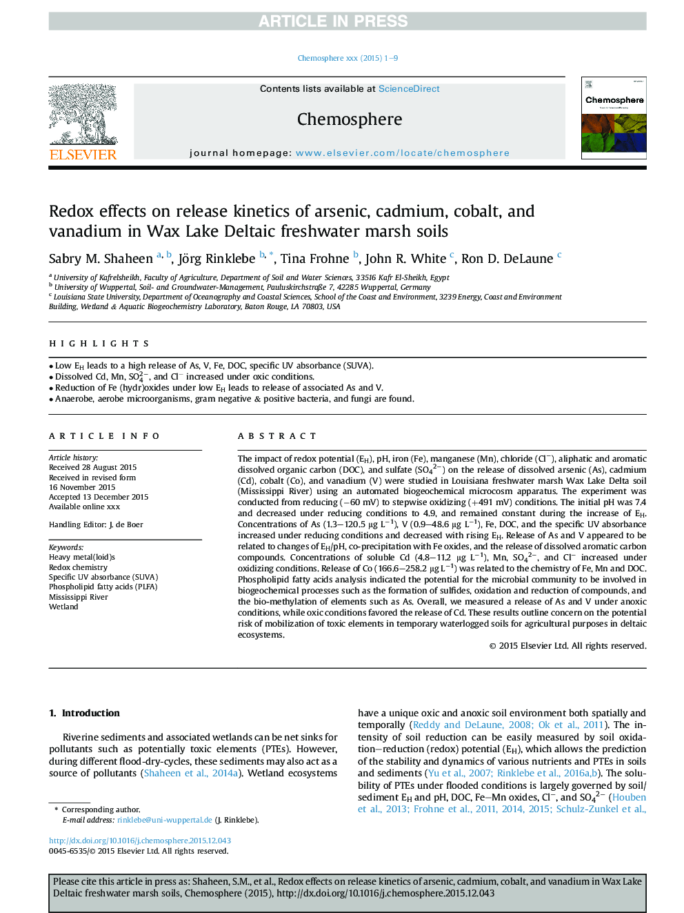 Redox effects on release kinetics of arsenic, cadmium, cobalt, and vanadium in Wax Lake Deltaic freshwater marsh soils