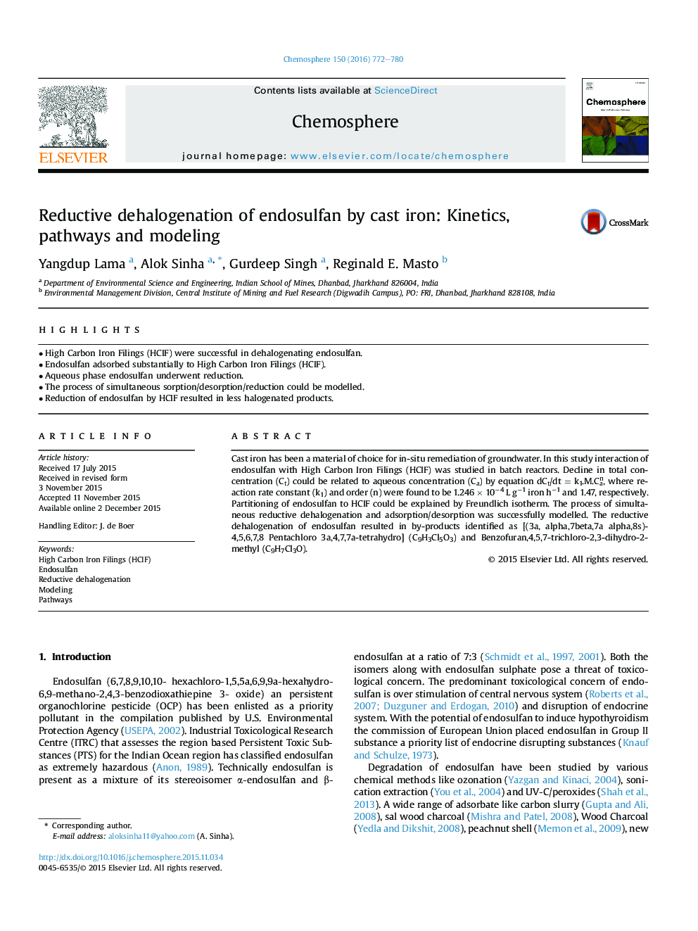 Reductive dehalogenation of endosulfan by cast iron: Kinetics, pathways and modeling