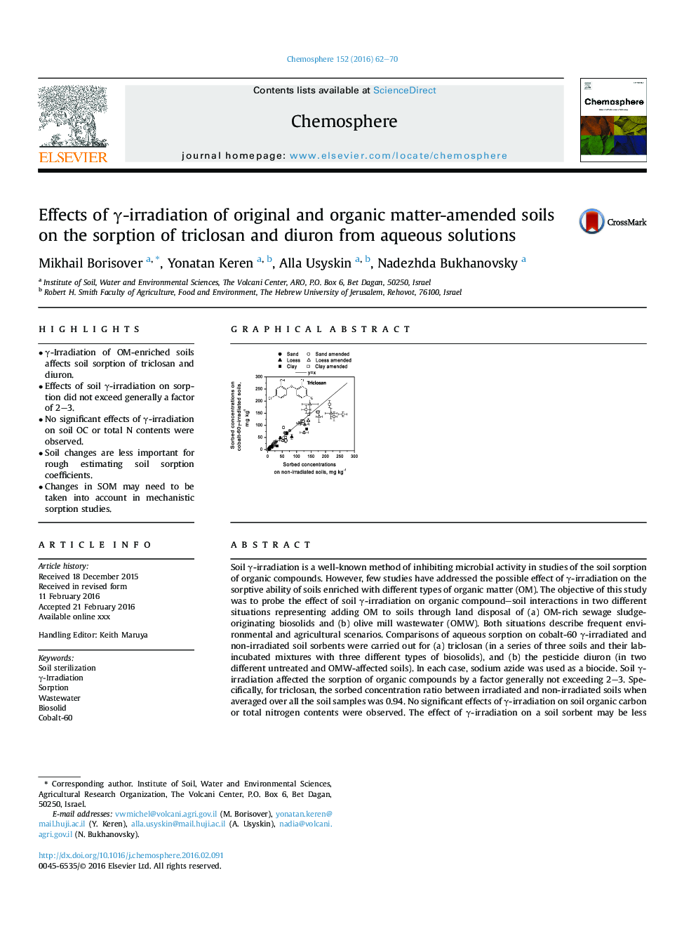 Effects of Î³-irradiation of original and organic matter-amended soils on the sorption of triclosan and diuron from aqueous solutions