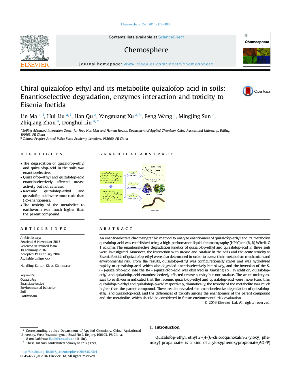 Chiral quizalofop-ethyl and its metabolite quizalofop-acid in soils: Enantioselective degradation, enzymes interaction and toxicity to Eisenia foetida