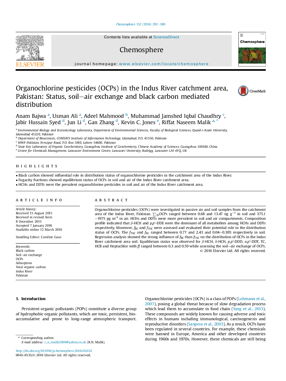 Organochlorine pesticides (OCPs) in the Indus River catchment area, Pakistan: Status, soil-air exchange and black carbon mediated distribution