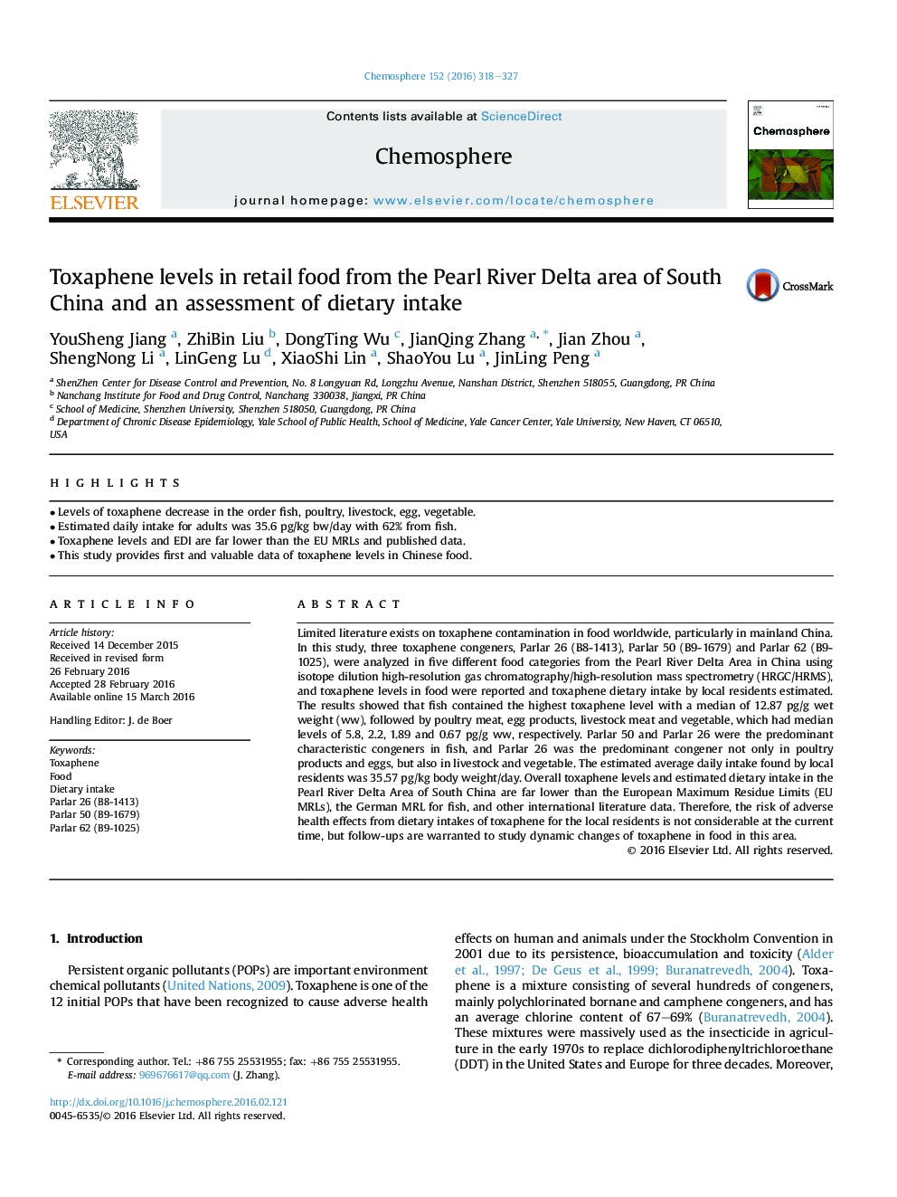 Toxaphene levels in retail food from the Pearl River Delta area of South China and an assessment of dietary intake