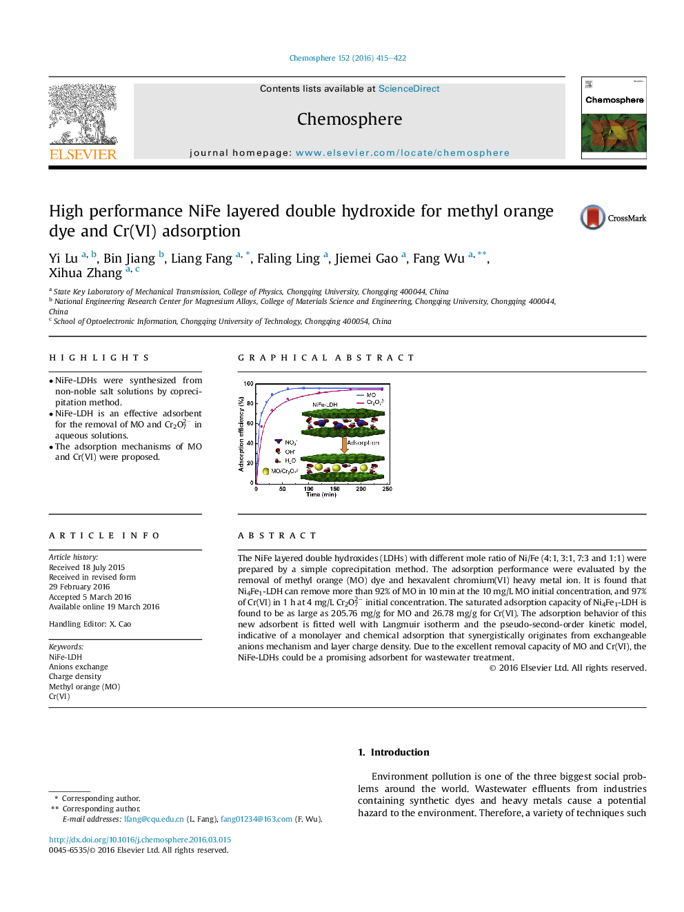 High performance NiFe layered double hydroxide for methyl orange dye and Cr(VI) adsorption