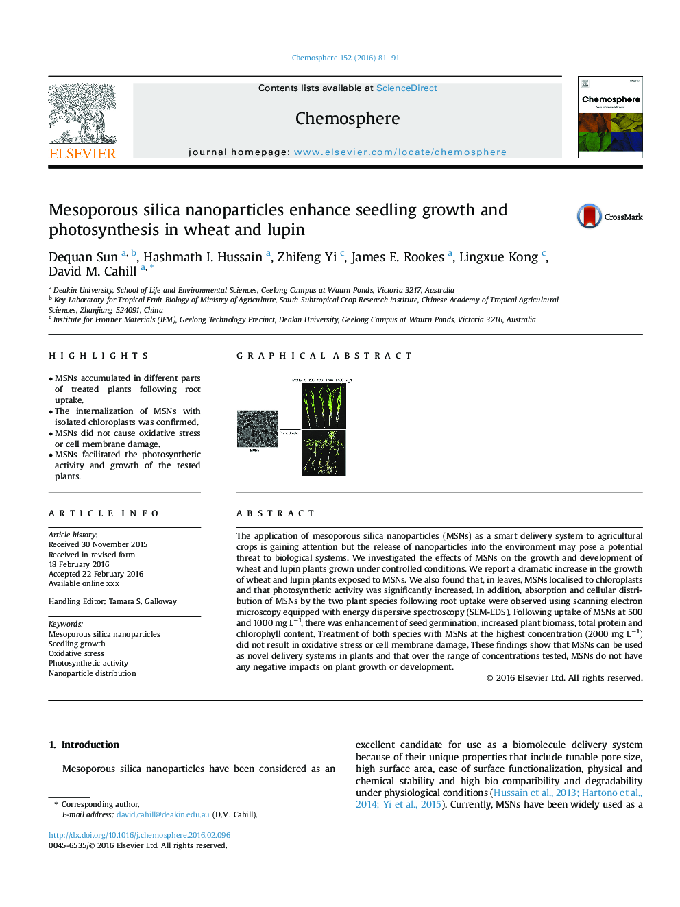 Mesoporous silica nanoparticles enhance seedling growth and photosynthesis in wheat and lupin