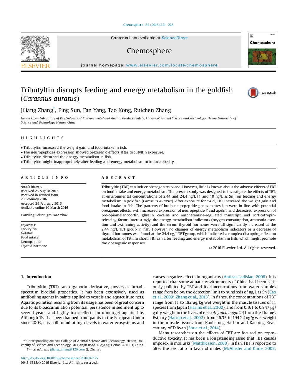 Tributyltin disrupts feeding and energy metabolism in the goldfish (Carassius auratus)