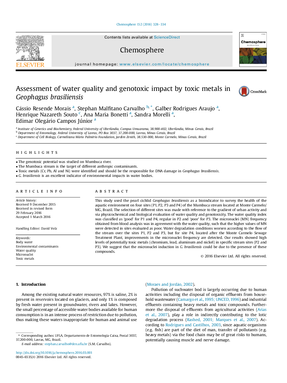 Assessment of water quality and genotoxic impact by toxic metals in Geophagus brasiliensis