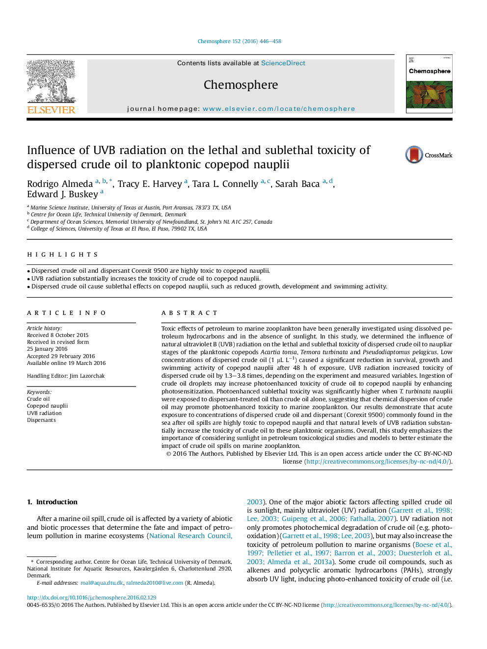 Influence of UVB radiation on the lethal and sublethal toxicity of dispersed crude oil to planktonic copepod nauplii