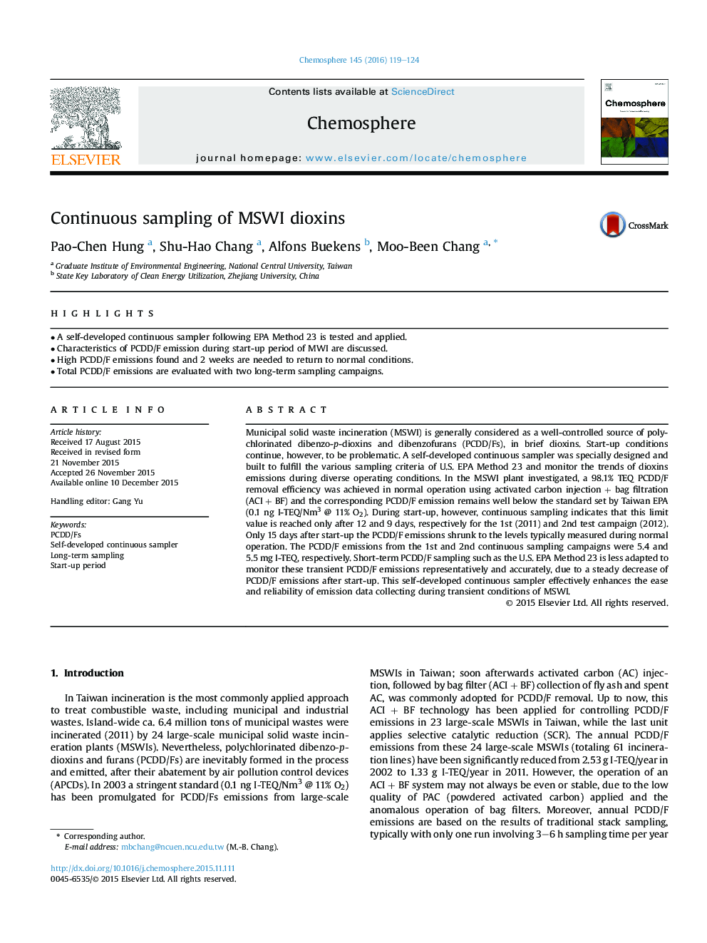 Continuous sampling of MSWI dioxins