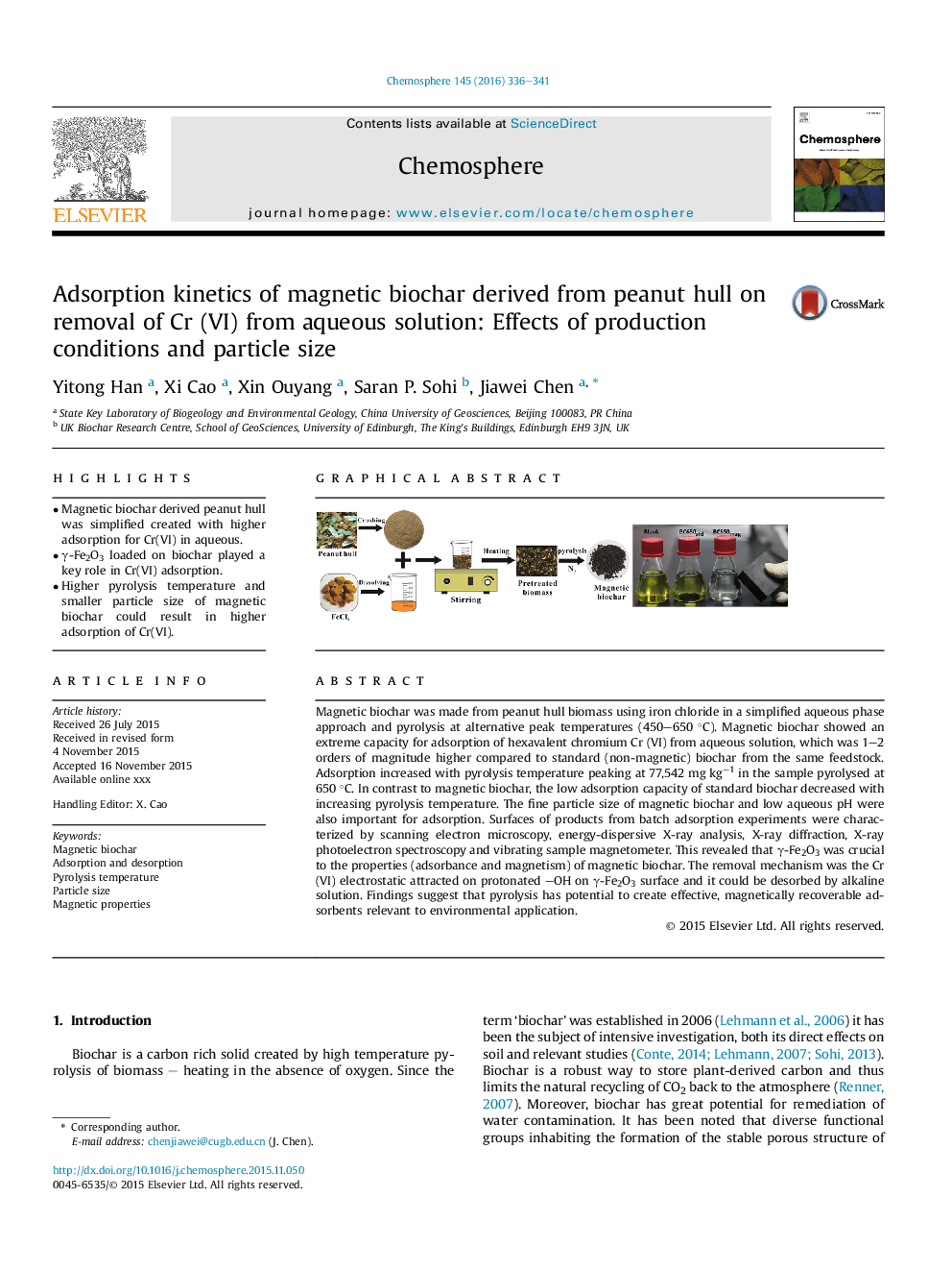 Adsorption kinetics of magnetic biochar derived from peanut hull on removal of Cr (VI) from aqueous solution: Effects of production conditions and particle size