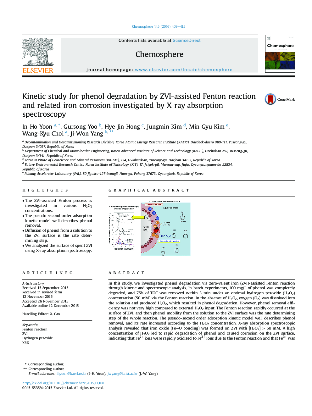 Kinetic study for phenol degradation by ZVI-assisted Fenton reaction and related iron corrosion investigated by X-ray absorption spectroscopy