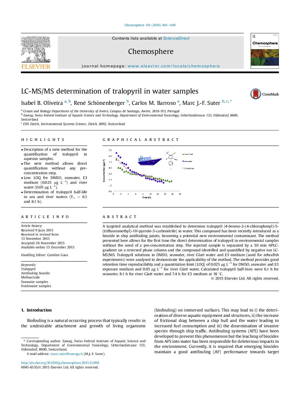 عکس صفحه اول مقاله: LC-MS/MS determination of tralopyril in water samples LC-MS/MS determination of tralopyril in water samples
