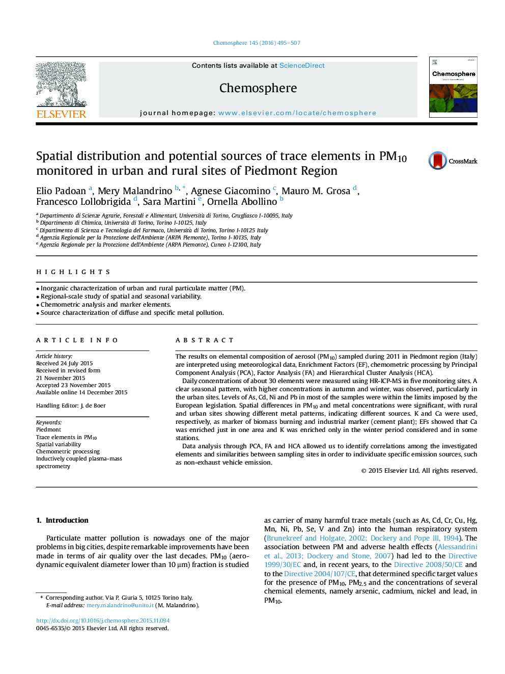 Spatial distribution and potential sources of trace elements in PM10 monitored in urban and rural sites of Piedmont Region