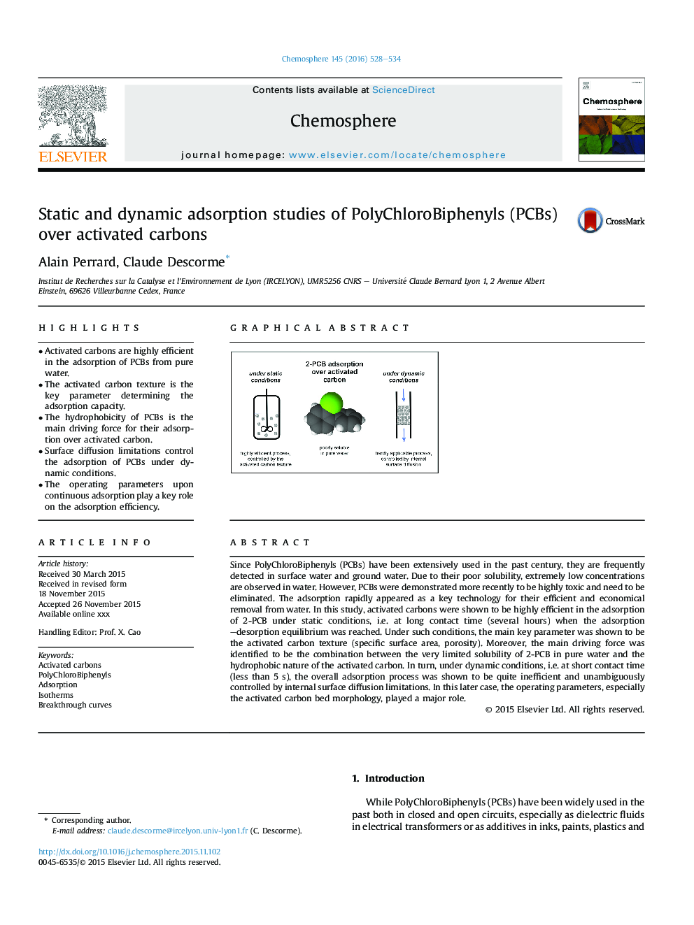 Static and dynamic adsorption studies of PolyChloroBiphenyls (PCBs) over activated carbons