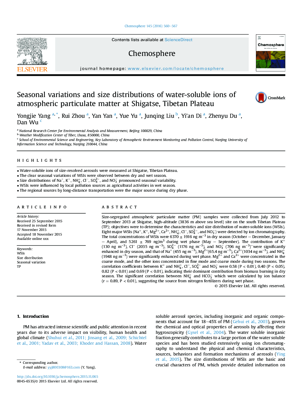 Seasonal variations and size distributions of water-soluble ions of atmospheric particulate matter at Shigatse, Tibetan Plateau