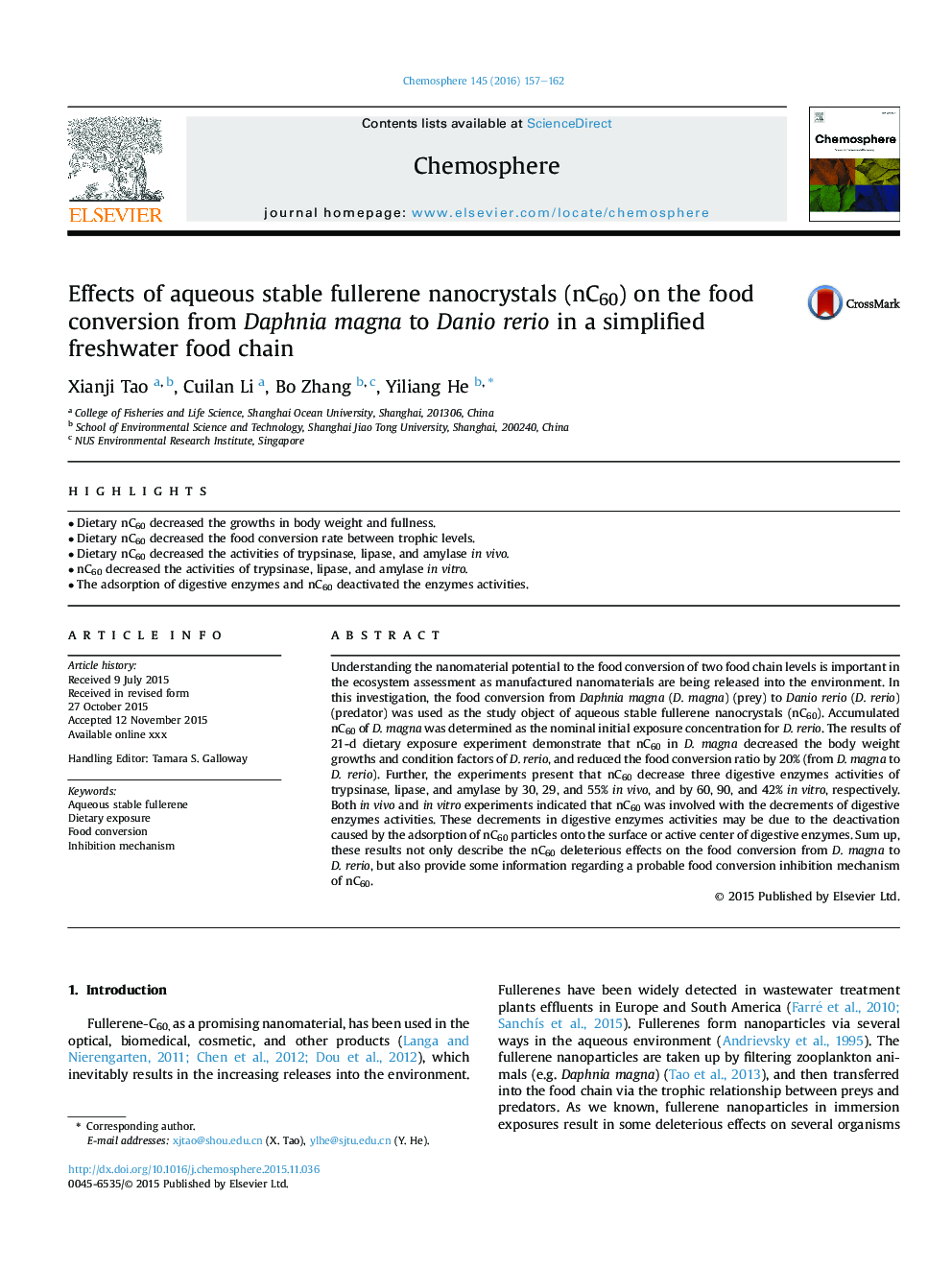 Effects of aqueous stable fullerene nanocrystals (nC60) on the food conversion from Daphnia magna to Danio rerio in a simplified freshwater food chain