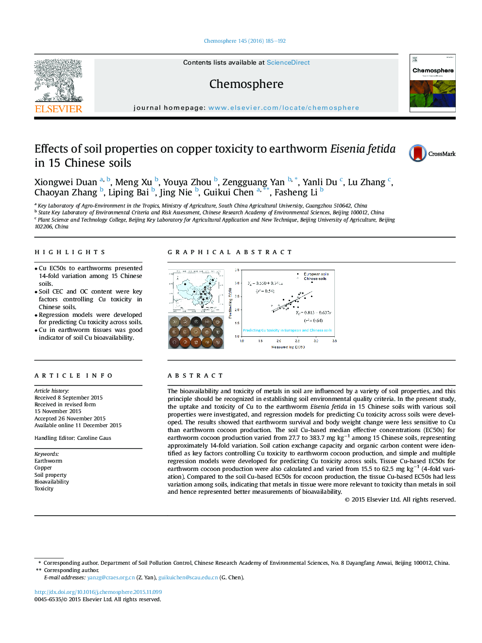 Effects of soil properties on copper toxicity to earthworm Eisenia fetida in 15 Chinese soils