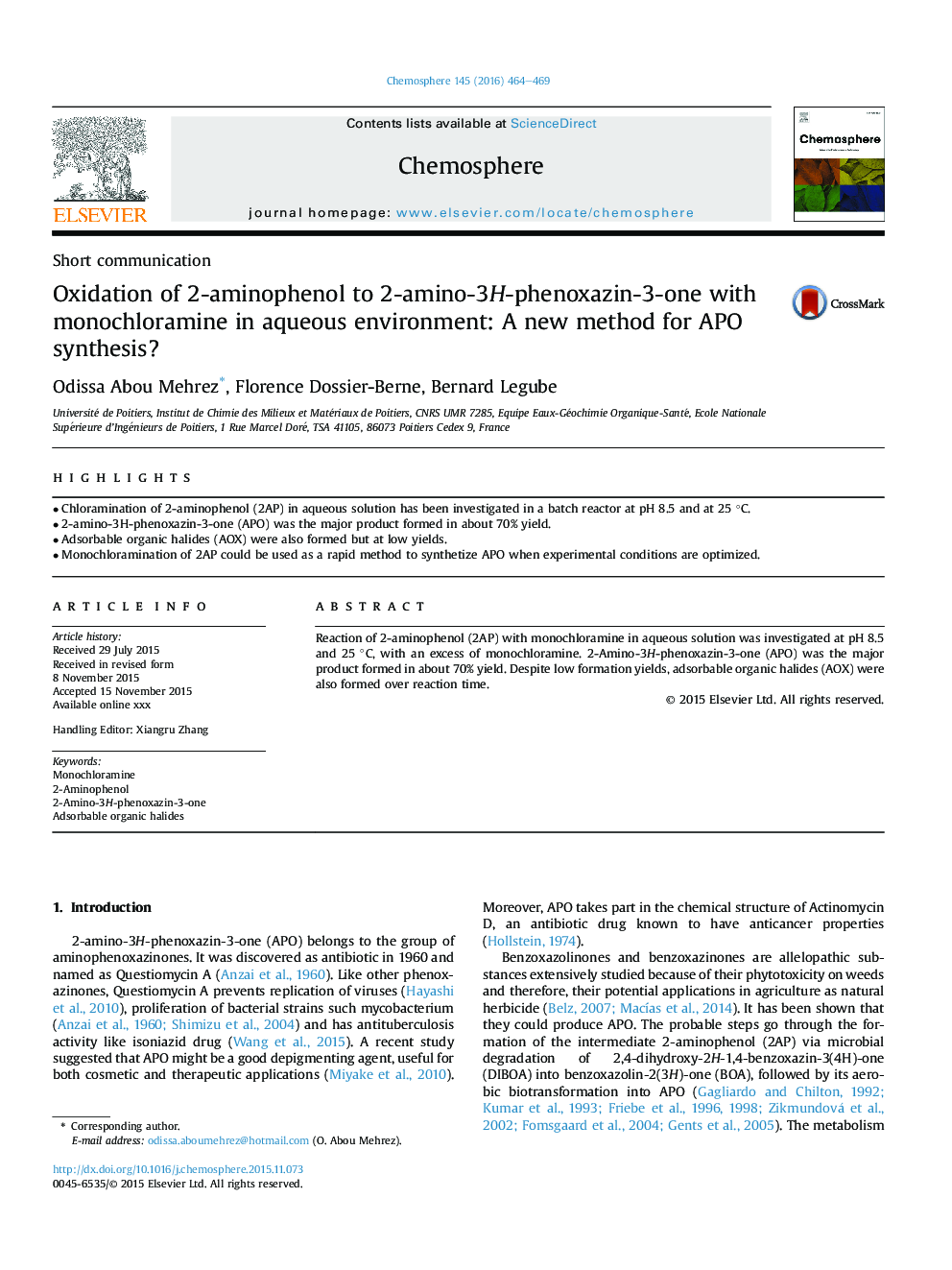 Oxidation of 2-aminophenol to 2-amino-3H-phenoxazin-3-one with monochloramine in aqueous environment: A new method for APO synthesis?