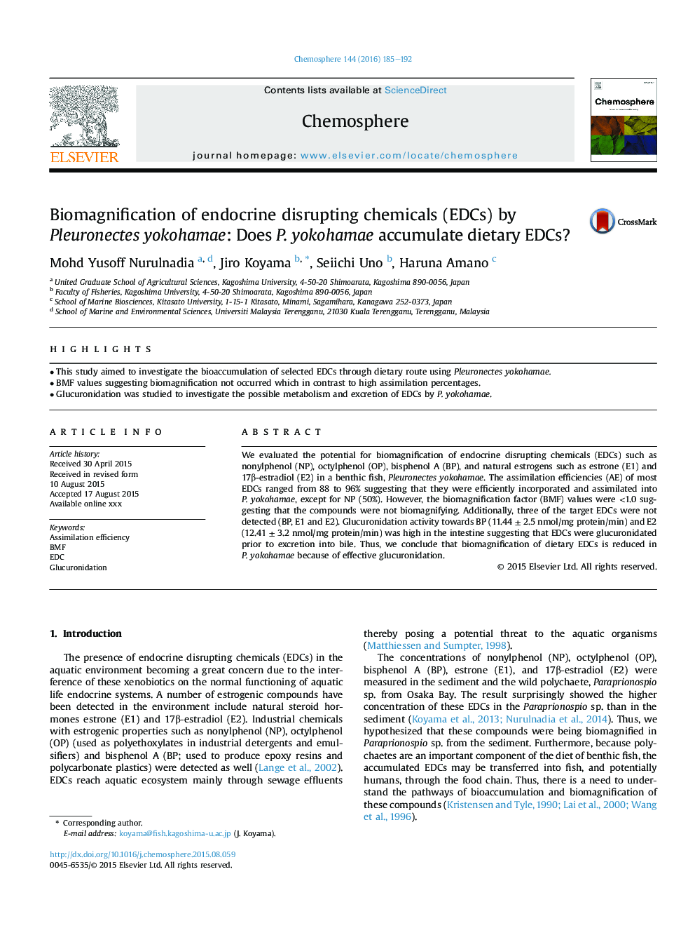 Biomagnification of endocrine disrupting chemicals (EDCs) by Pleuronectes yokohamae: Does P.Â yokohamae accumulate dietary EDCs?