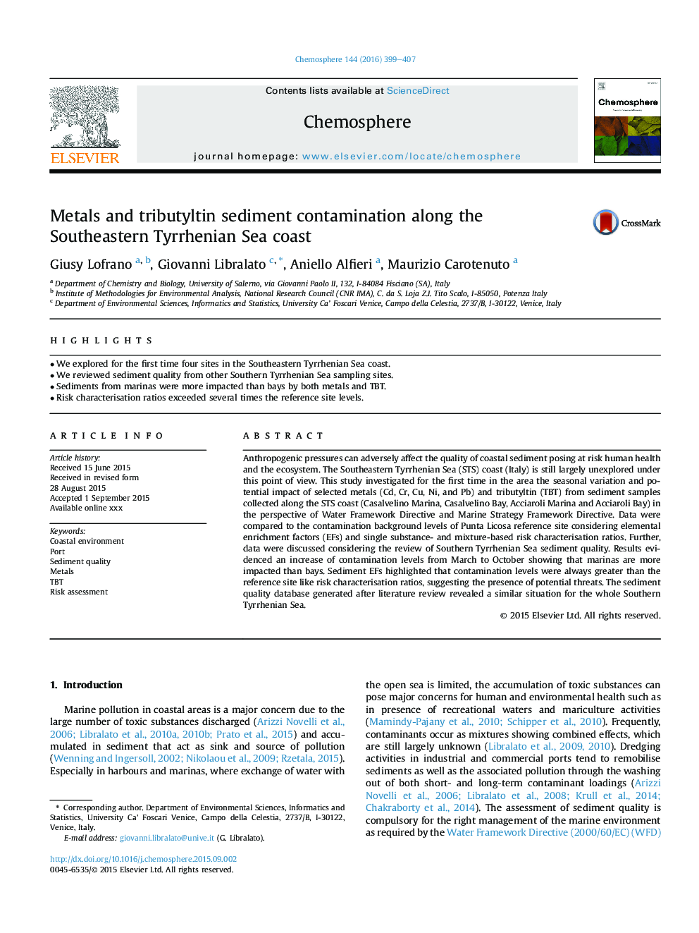 Metals and tributyltin sediment contamination along the Southeastern Tyrrhenian Sea coast