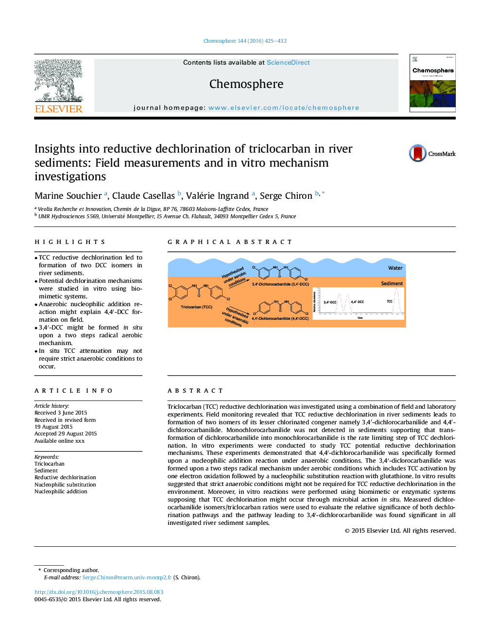 Insights into reductive dechlorination of triclocarban in river sediments: Field measurements and inÂ vitro mechanism investigations